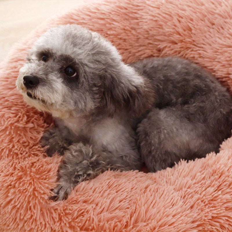 1pc Round Plush Pet Bed For Cats & Dogs, Soft Polyester Fiber, All-Season Cozy Kitten & Puppy Sleeping Mat, Non-Slip Bottom, Machine Washable