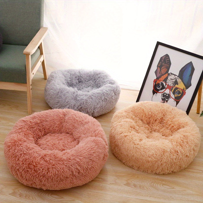 1pc Round Plush Pet Bed For Cats & Dogs, Soft Polyester Fiber, All-Season Cozy Kitten & Puppy Sleeping Mat, Non-Slip Bottom, Machine Washable