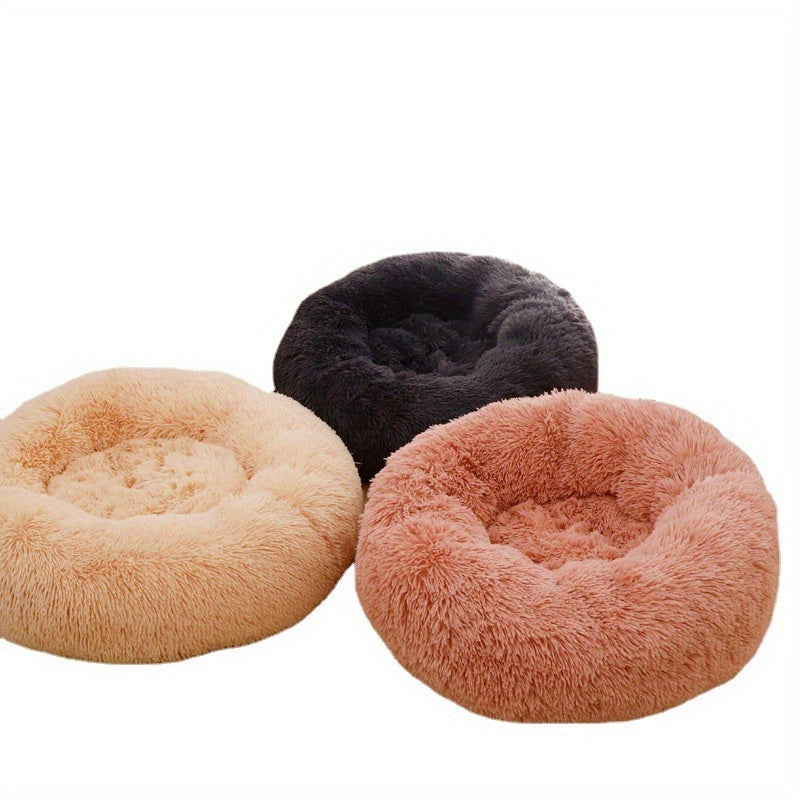 1pc Round Plush Pet Bed For Cats & Dogs, Soft Polyester Fiber, All-Season Cozy Kitten & Puppy Sleeping Mat, Non-Slip Bottom, Machine Washable