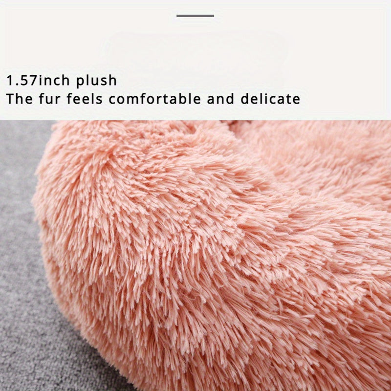 1pc Round Plush Pet Bed For Cats & Dogs, Soft Polyester Fiber, All-Season Cozy Kitten & Puppy Sleeping Mat, Non-Slip Bottom, Machine Washable