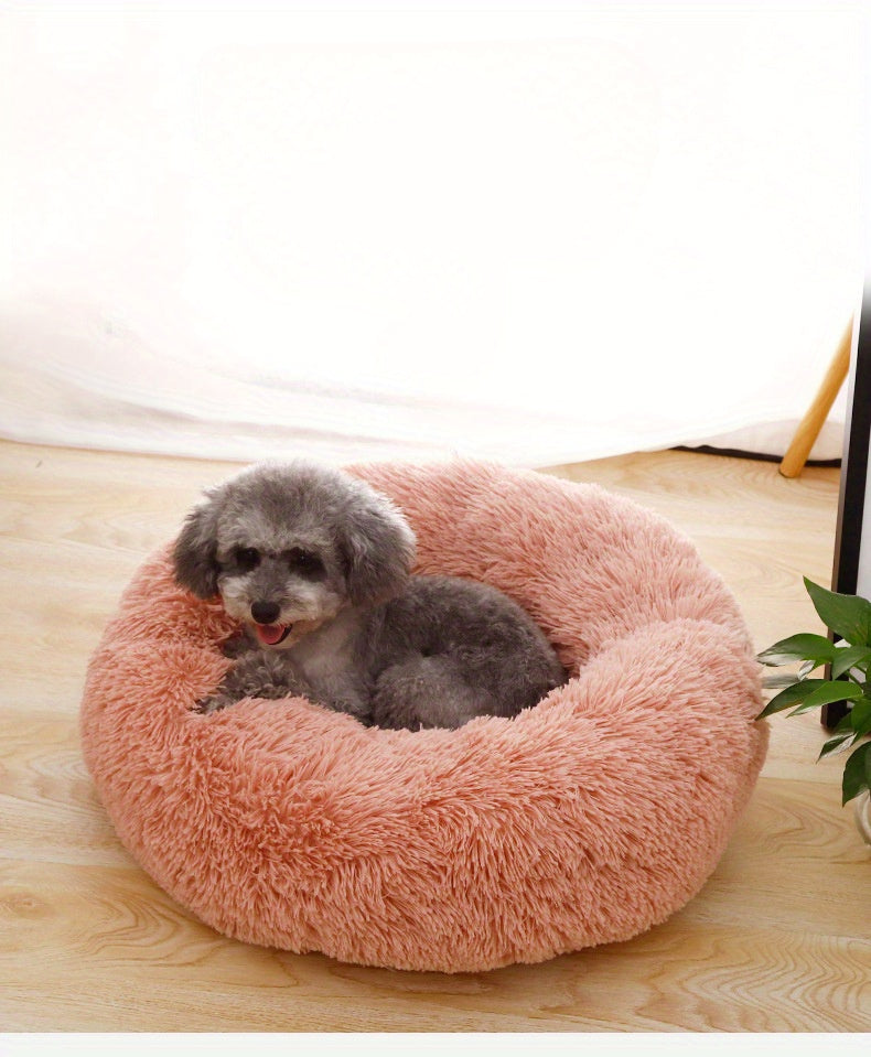 1pc Round Plush Pet Bed For Cats & Dogs, Soft Polyester Fiber, All-Season Cozy Kitten & Puppy Sleeping Mat, Non-Slip Bottom, Machine Washable