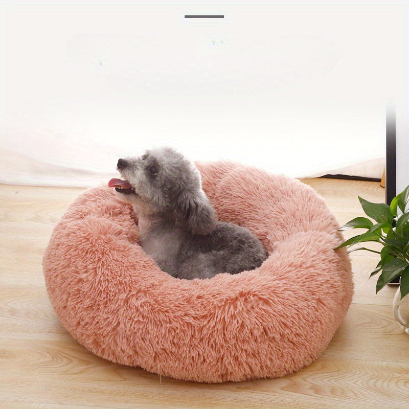 1pc Round Plush Pet Bed For Cats & Dogs, Soft Polyester Fiber, All-Season Cozy Kitten & Puppy Sleeping Mat, Non-Slip Bottom, Machine Washable