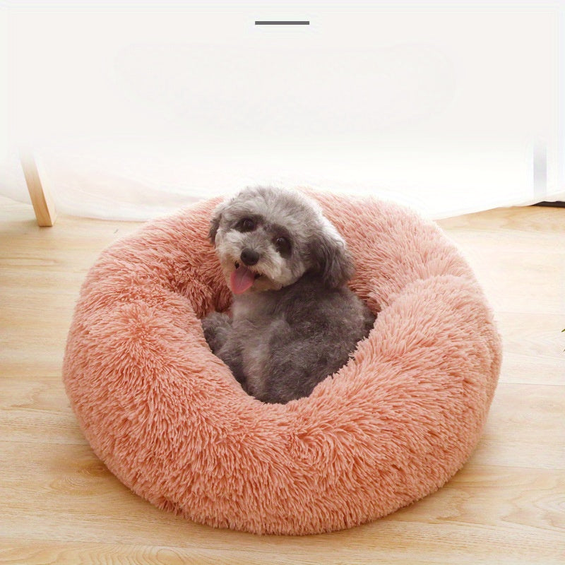 1pc Round Plush Pet Bed For Cats & Dogs, Soft Polyester Fiber, All-Season Cozy Kitten & Puppy Sleeping Mat, Non-Slip Bottom, Machine Washable