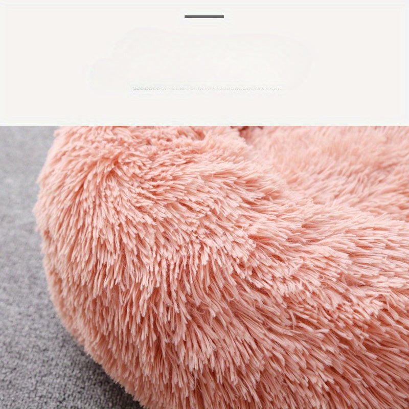 1pc Round Plush Pet Bed For Cats & Dogs, Soft Polyester Fiber, All-Season Cozy Kitten & Puppy Sleeping Mat, Non-Slip Bottom, Machine Washable