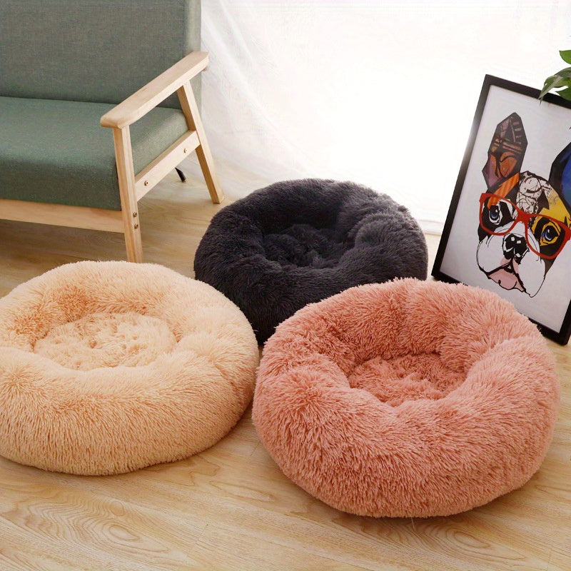 1pc Round Plush Pet Bed For Cats & Dogs, Soft Polyester Fiber, All-Season Cozy Kitten & Puppy Sleeping Mat, Non-Slip Bottom, Machine Washable