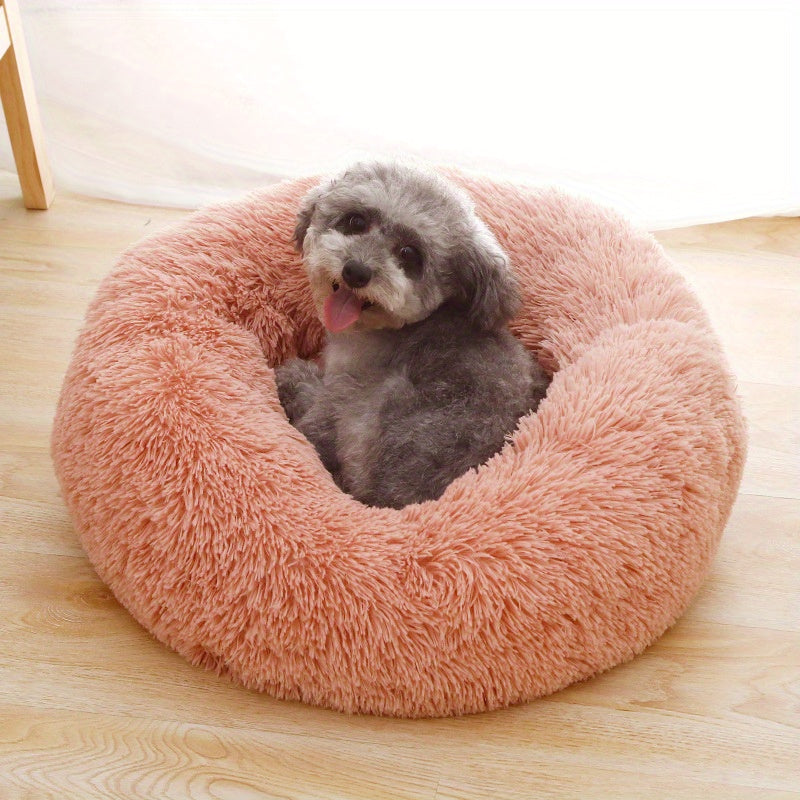 1pc Round Plush Pet Bed For Cats & Dogs, Soft Polyester Fiber, All-Season Cozy Kitten & Puppy Sleeping Mat, Non-Slip Bottom, Machine Washable