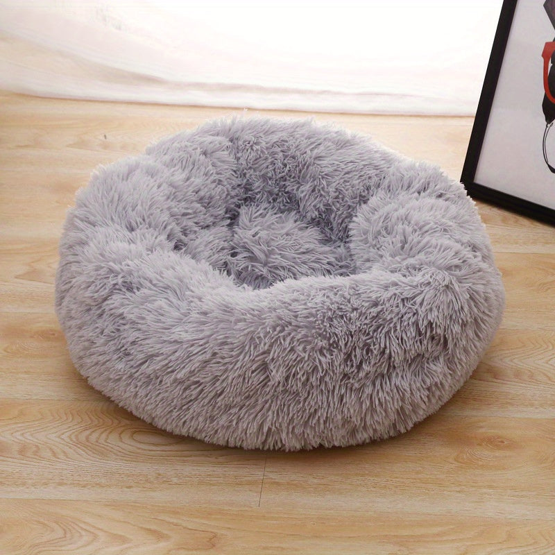 1pc Round Plush Pet Bed For Cats & Dogs, Soft Polyester Fiber, All-Season Cozy Kitten & Puppy Sleeping Mat, Non-Slip Bottom, Machine Washable