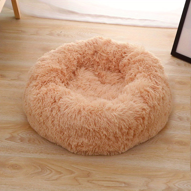 1pc Round Plush Pet Bed For Cats & Dogs, Soft Polyester Fiber, All-Season Cozy Kitten & Puppy Sleeping Mat, Non-Slip Bottom, Machine Washable