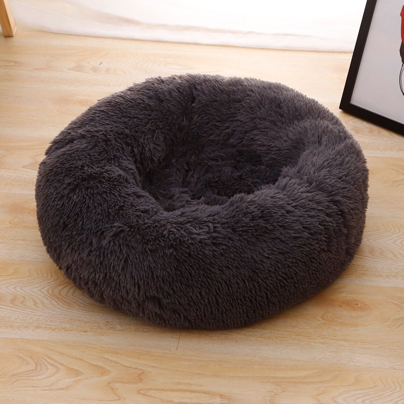 1pc Round Plush Pet Bed For Cats & Dogs, Soft Polyester Fiber, All-Season Cozy Kitten & Puppy Sleeping Mat, Non-Slip Bottom, Machine Washable