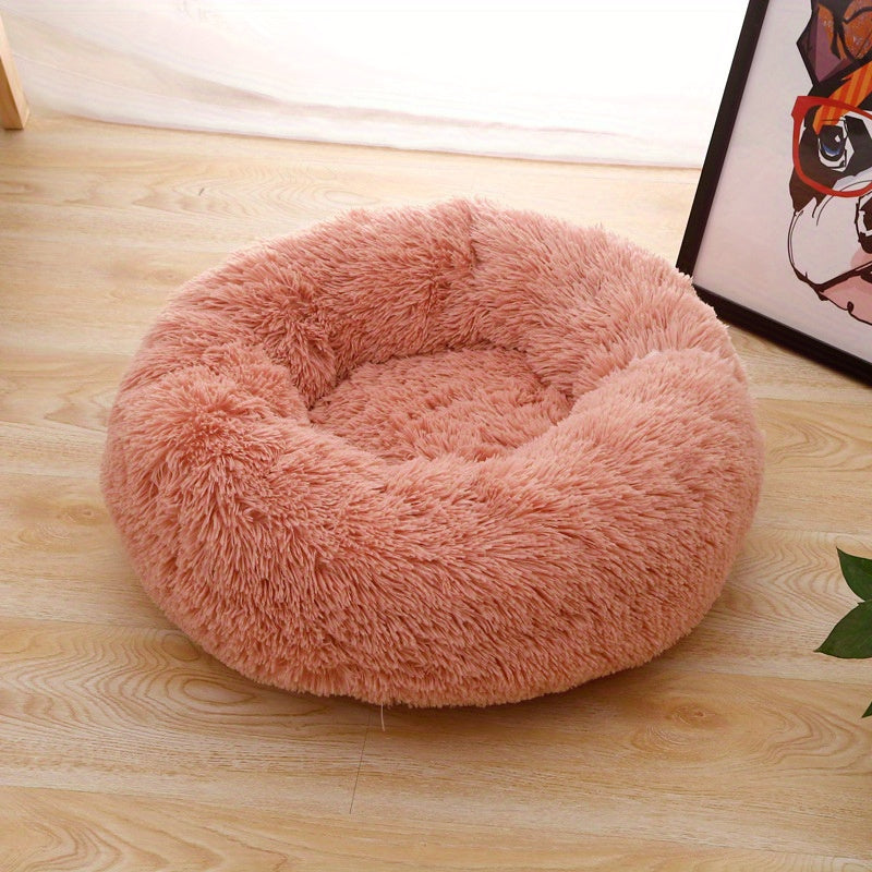 1pc Round Plush Pet Bed For Cats & Dogs, Soft Polyester Fiber, All-Season Cozy Kitten & Puppy Sleeping Mat, Non-Slip Bottom, Machine Washable