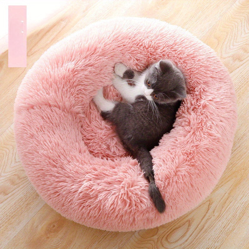 1pc Round Plush Pet Bed For Cats & Dogs, Soft Polyester Fiber, All-Season Cozy Kitten & Puppy Sleeping Mat, Non-Slip Bottom, Machine Washable