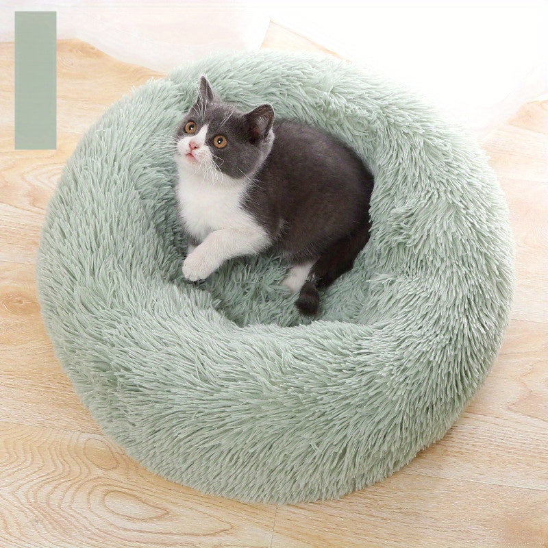 1pc Round Plush Pet Bed For Cats & Dogs, Soft Polyester Fiber, All-Season Cozy Kitten & Puppy Sleeping Mat, Non-Slip Bottom, Machine Washable