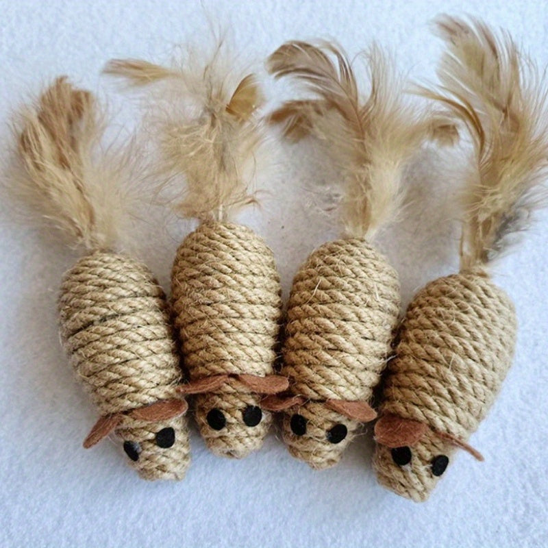 Feathered Mouse Cat Toy With Rustling Hemp Rope - Interactive Teaser For Kittens, Durable Linen Material Cat Toys Kitten Accessories