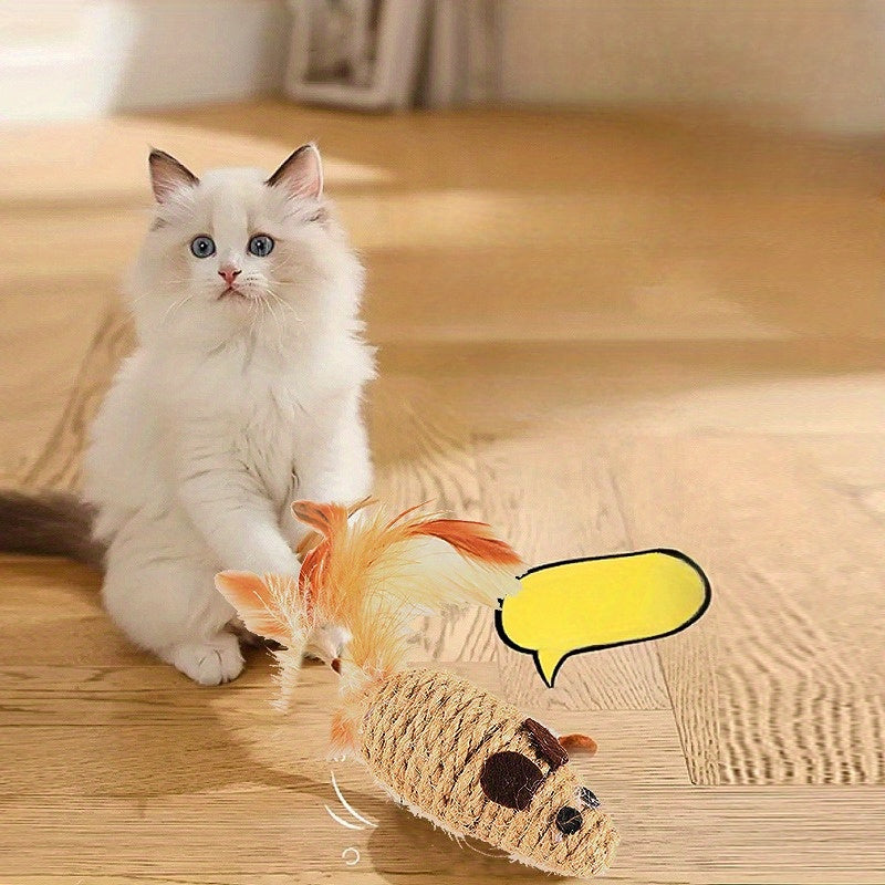 Feathered Mouse Cat Toy With Rustling Hemp Rope - Interactive Teaser For Kittens, Durable Linen Material Cat Toys Kitten Accessories