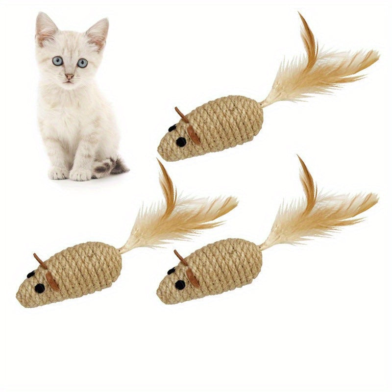 Feathered Mouse Cat Toy With Rustling Hemp Rope - Interactive Teaser For Kittens, Durable Linen Material Cat Toys Kitten Accessories