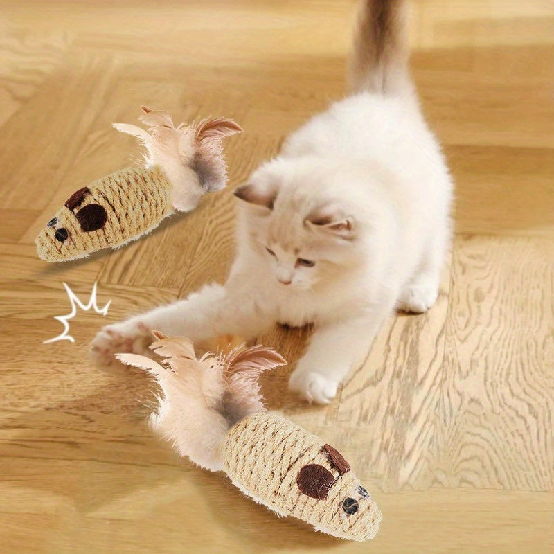 Feathered Mouse Cat Toy With Rustling Hemp Rope - Interactive Teaser For Kittens, Durable Linen Material Cat Toys Kitten Accessories
