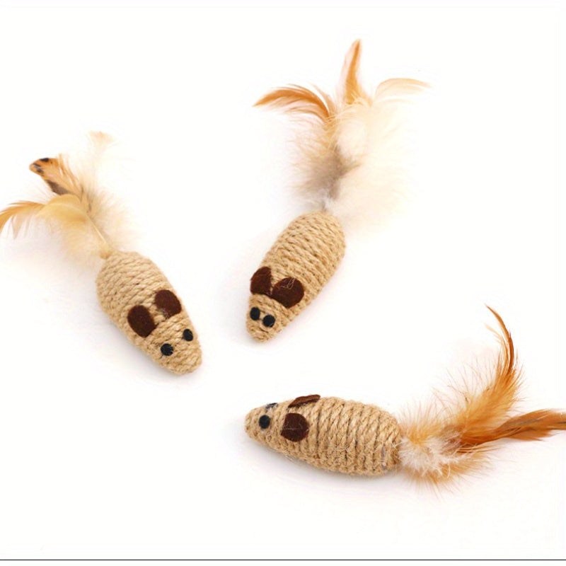 Feathered Mouse Cat Toy With Rustling Hemp Rope - Interactive Teaser For Kittens, Durable Linen Material Cat Toys Kitten Accessories