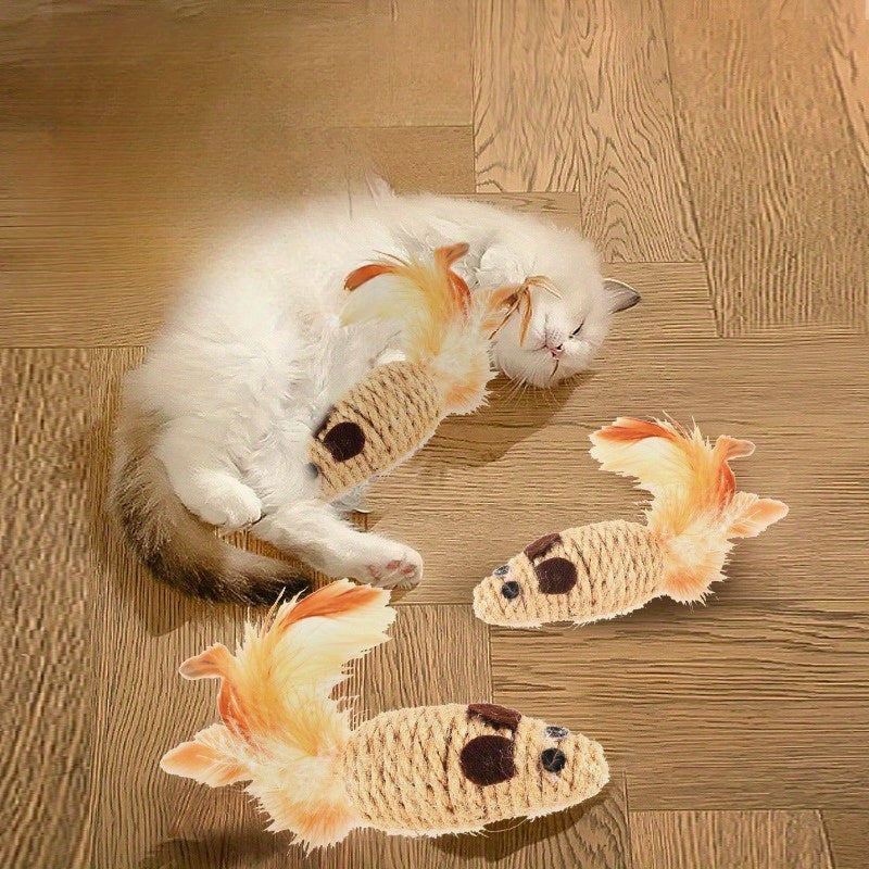 Feathered Mouse Cat Toy With Rustling Hemp Rope - Interactive Teaser For Kittens, Durable Linen Material Cat Toys Kitten Accessories