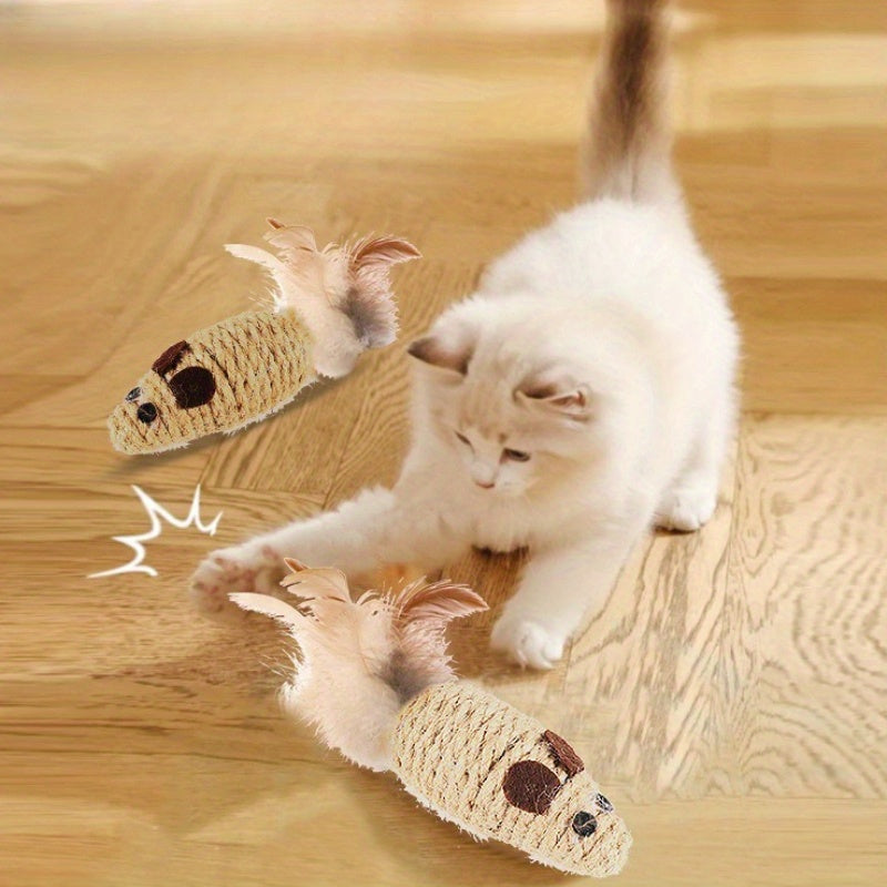 Feathered Mouse Cat Toy With Rustling Hemp Rope - Interactive Teaser For Kittens, Durable Linen Material Cat Toys Kitten Accessories