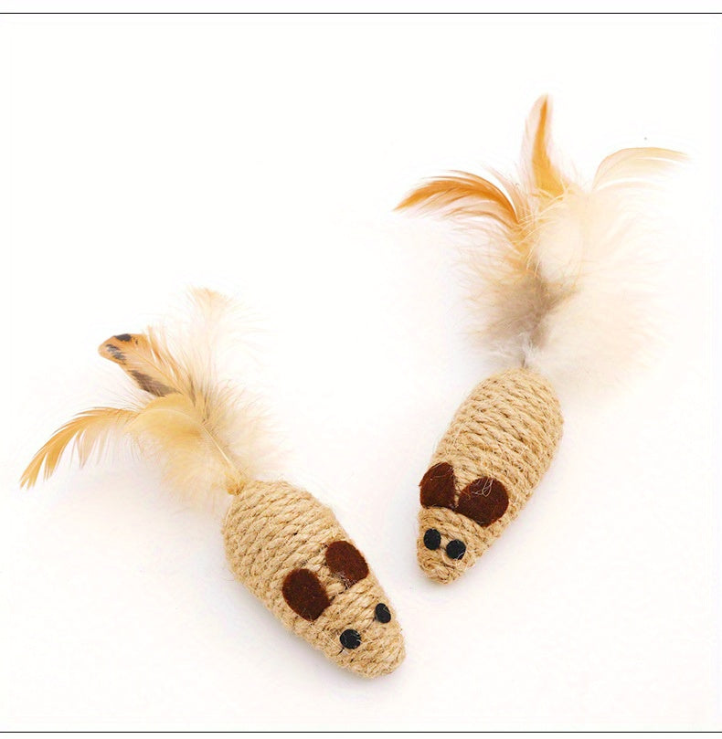 Feathered Mouse Cat Toy With Rustling Hemp Rope - Interactive Teaser For Kittens, Durable Linen Material Cat Toys Kitten Accessories