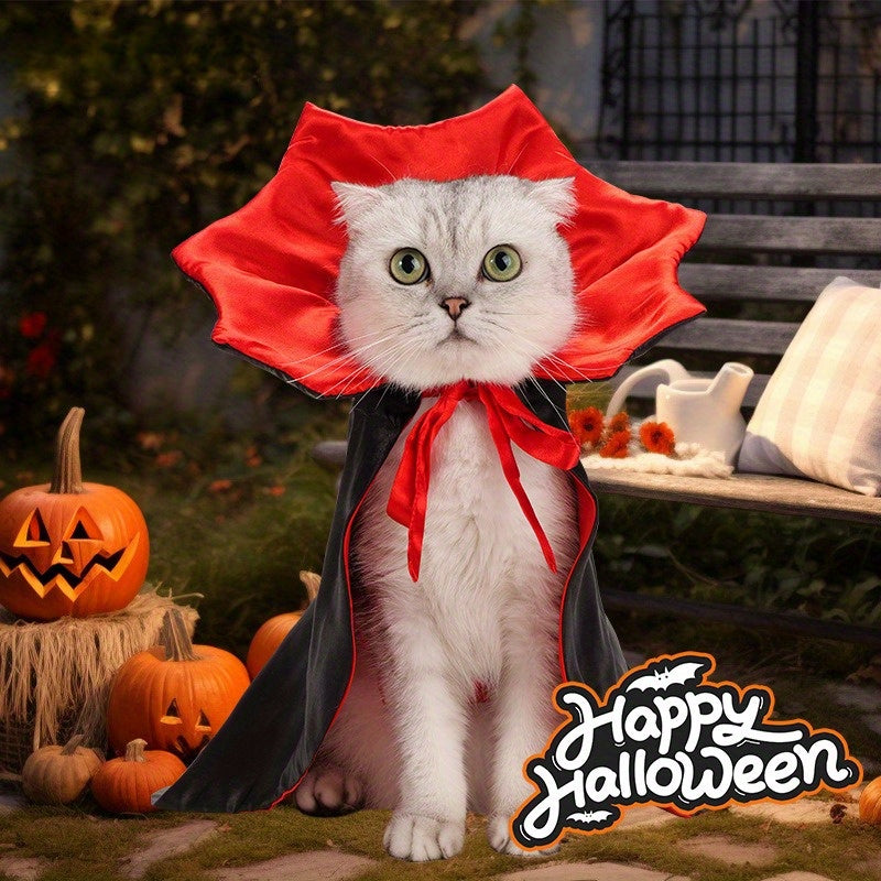 Halloween Pet Costume Dracula Cape with Ruffled Collar - Funny Cosplay Dress-Up Apparel for Cats & Dogs, Polyester, Woven, Fits Small to Large Breeds, No Battery Required