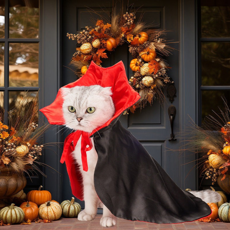Halloween Pet Costume Dracula Cape with Ruffled Collar - Funny Cosplay Dress-Up Apparel for Cats & Dogs, Polyester, Woven, Fits Small to Large Breeds, No Battery Required