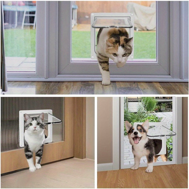 Weatherproof 4-Way Locking Cat Flap - Thin Door & Window Pet Door for Cats, Durable ABS Material
