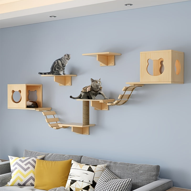Indoor Wooden Cat Wall Mounts: 2 Cat Nests, 4 Platforms, 2 Ladders, and 1 Scratching Post - Suitable for Cats
