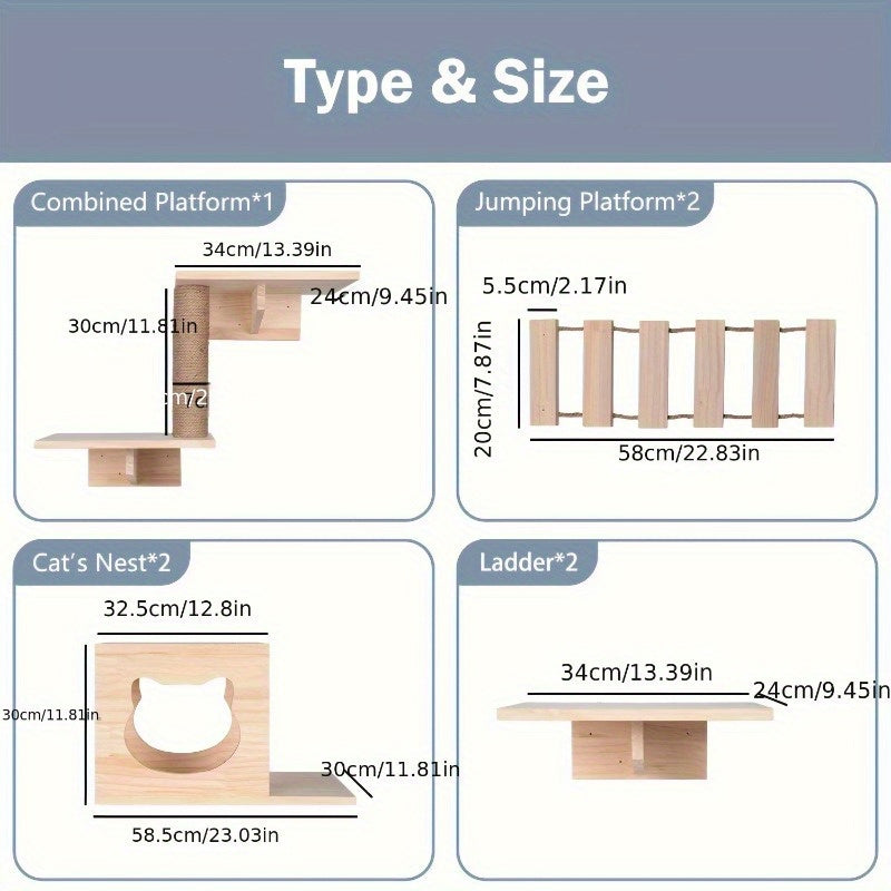 Indoor Wooden Cat Wall Mounts: 2 Cat Nests, 4 Platforms, 2 Ladders, and 1 Scratching Post - Suitable for Cats
