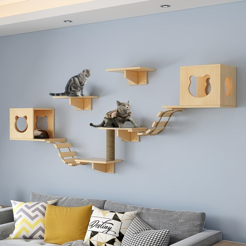 Indoor Wooden Cat Wall Mounts: 2 Cat Nests, 4 Platforms, 2 Ladders, and 1 Scratching Post - Suitable for Cats