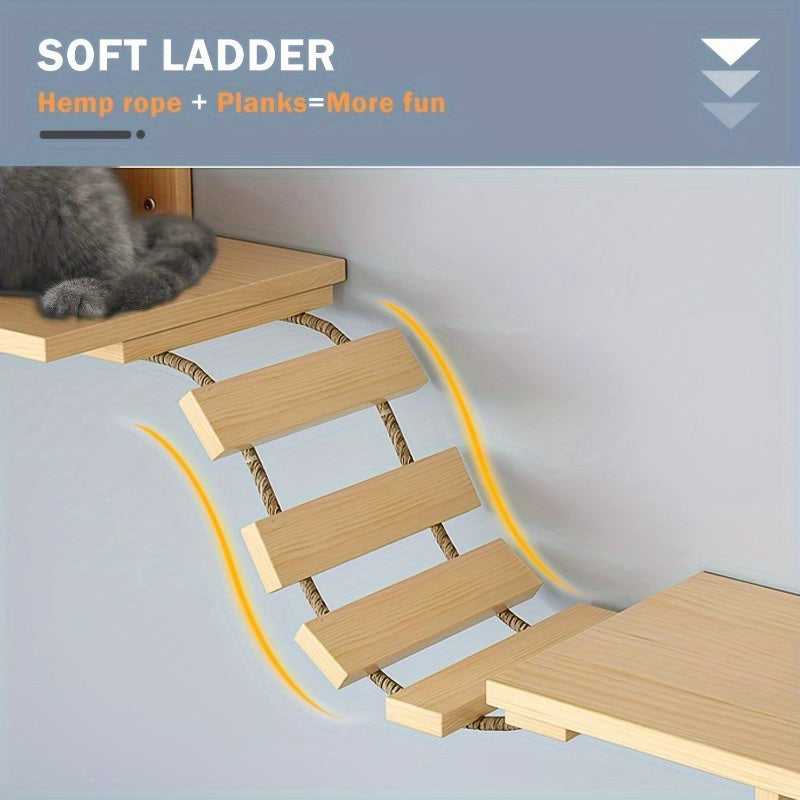 Indoor Wooden Cat Wall Mounts: 2 Cat Nests, 4 Platforms, 2 Ladders, and 1 Scratching Post - Suitable for Cats