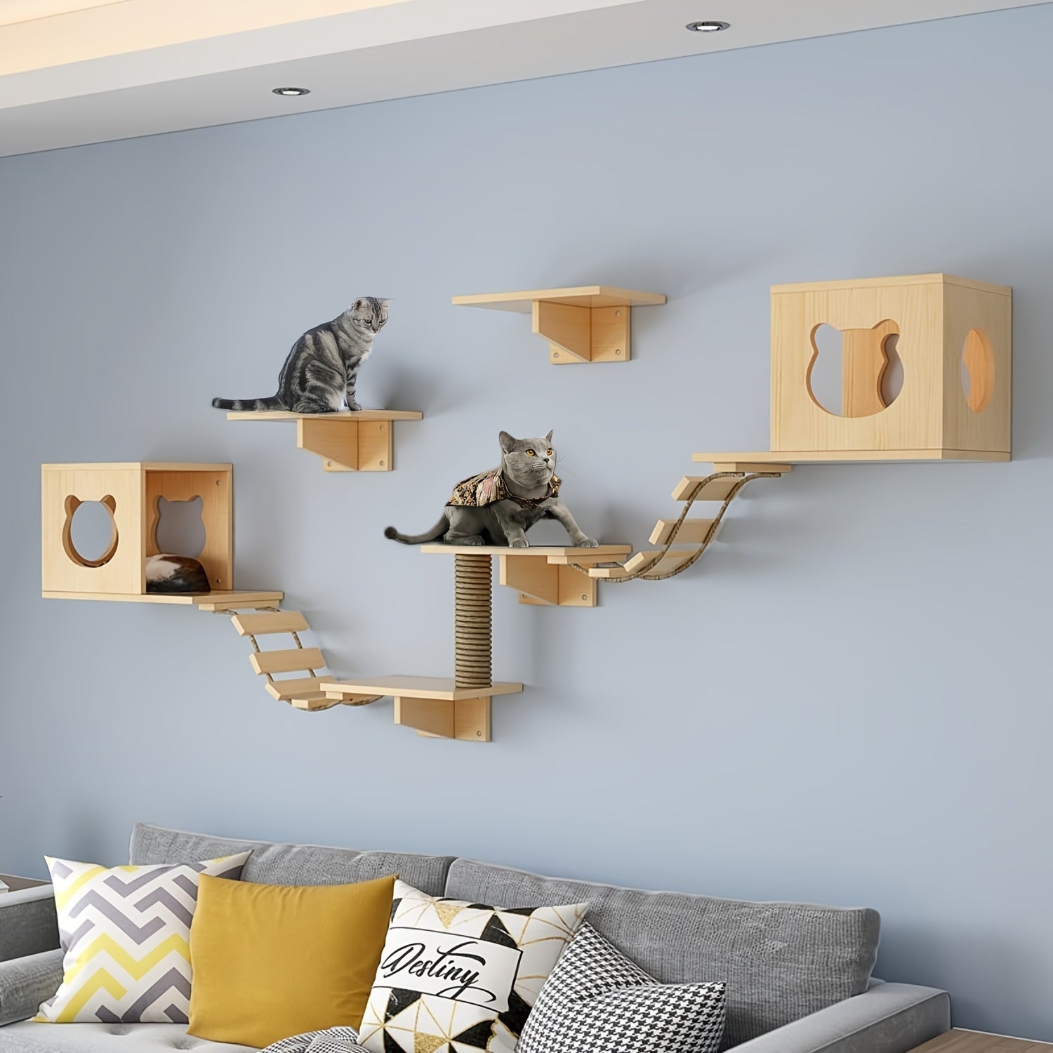 Indoor Wooden Cat Wall Mounts: 2 Cat Nests, 4 Platforms, 2 Ladders, and 1 Scratching Post - Suitable for Cats