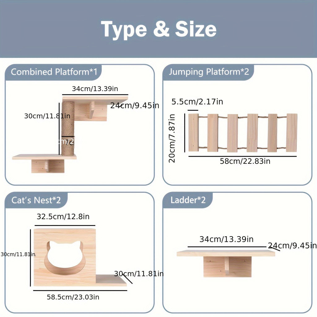 Indoor Wooden Cat Wall Mounts: 2 Cat Nests, 4 Platforms, 2 Ladders, and 1 Scratching Post - Suitable for Cats