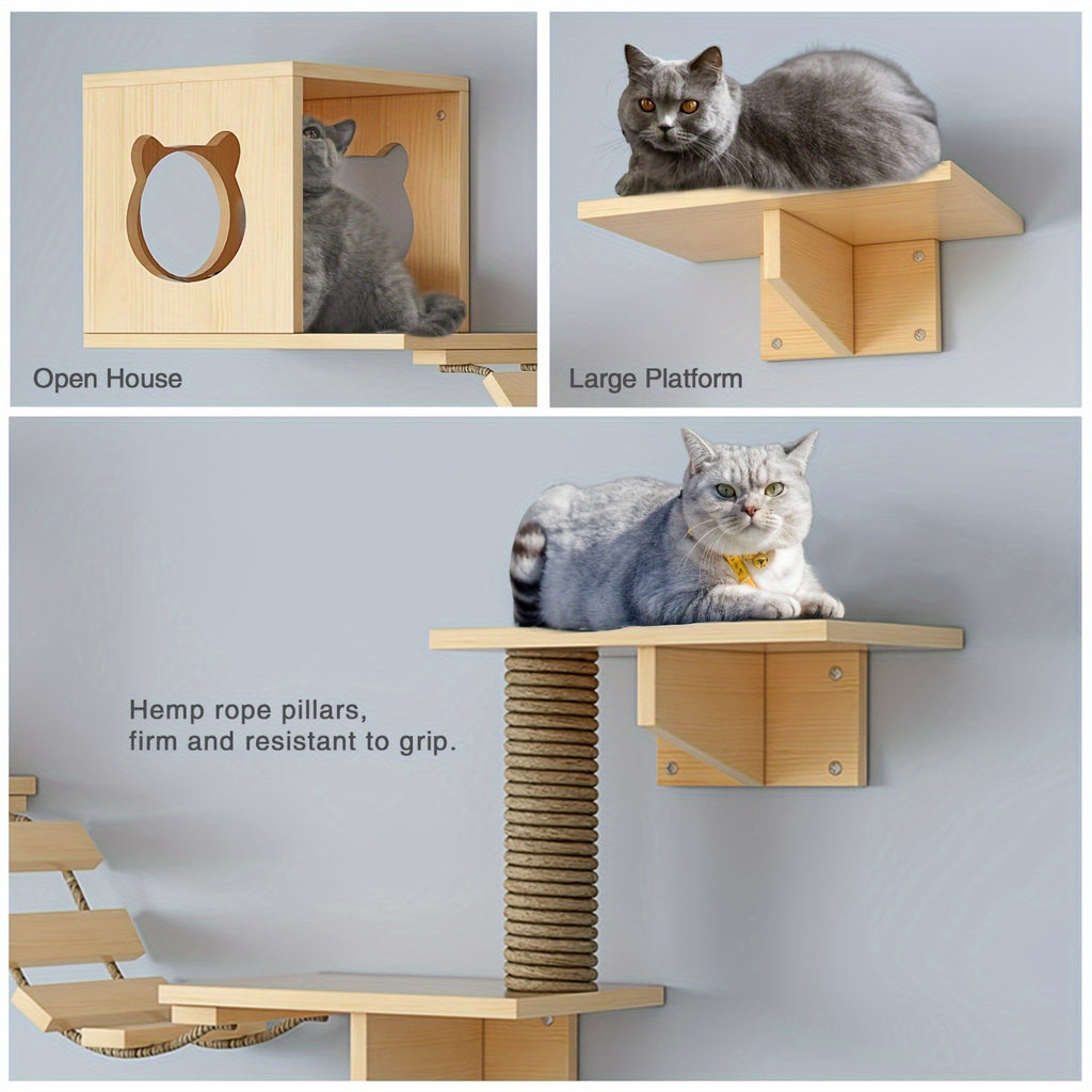 Indoor Wooden Cat Wall Mounts: 2 Cat Nests, 4 Platforms, 2 Ladders, and 1 Scratching Post - Suitable for Cats