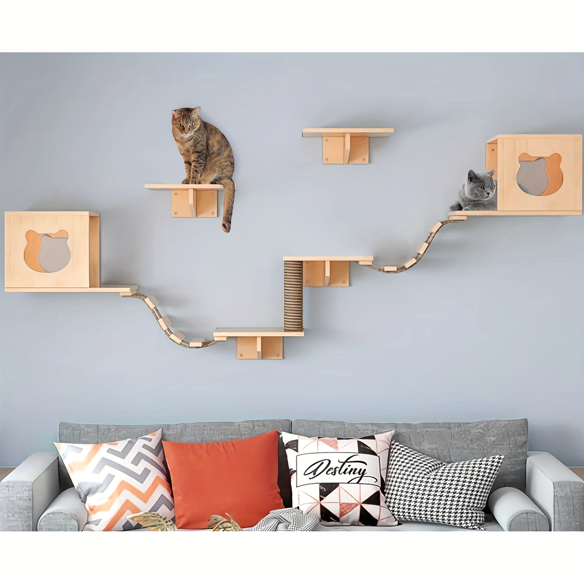 Indoor Wooden Cat Wall Mounts: 2 Cat Nests, 4 Platforms, 2 Ladders, and 1 Scratching Post - Suitable for Cats