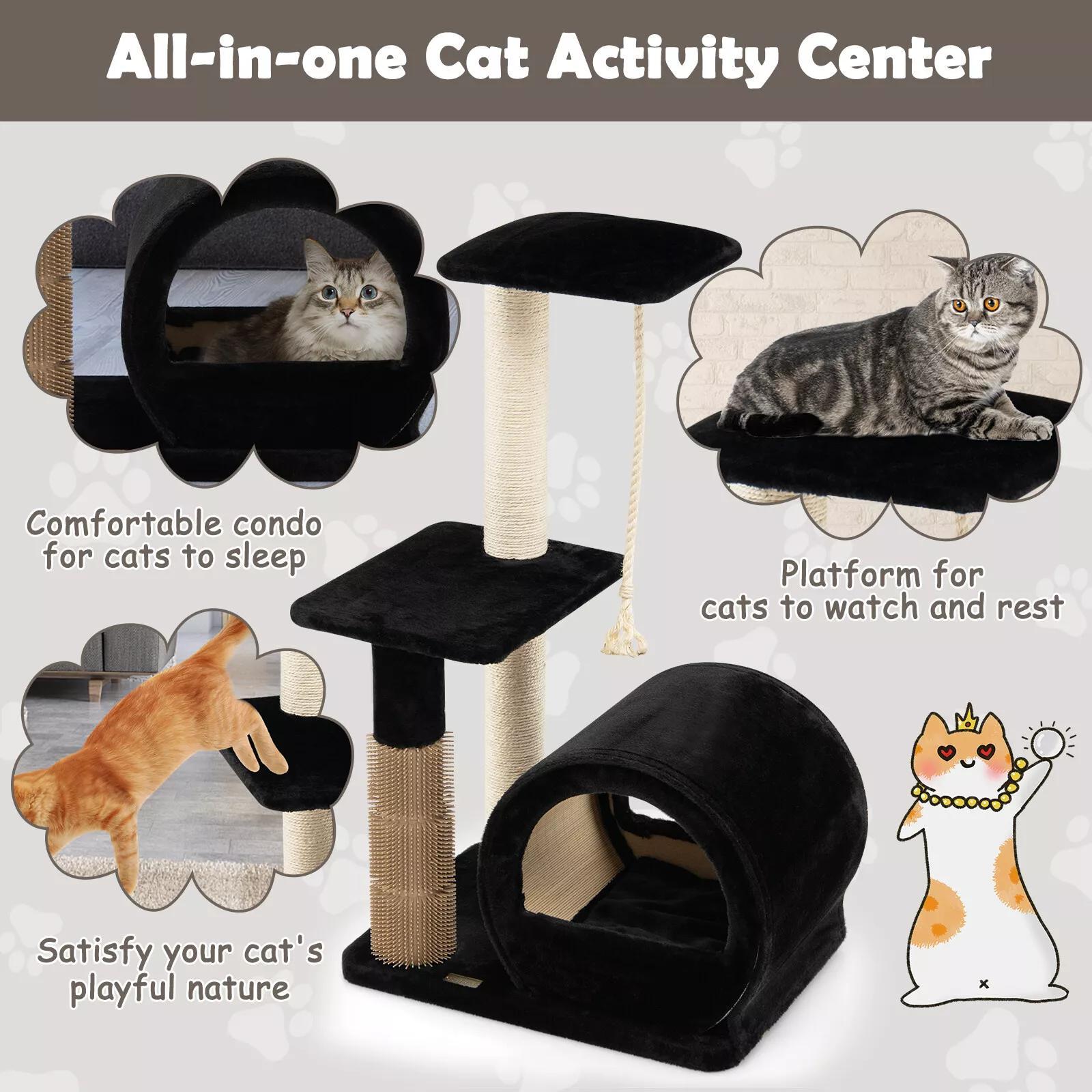 Costway Multi-Level Cat Tree Tower with Condo, Scratching Posts, Hanging Rope, and Platform, Black Fleece Activity Center for Kittens and Cats