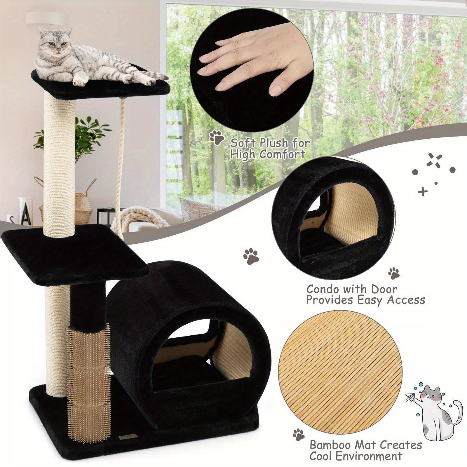 Costway Multi-Level Cat Tree Tower with Condo, Scratching Posts, Hanging Rope, and Platform, Black Fleece Activity Center for Kittens and Cats