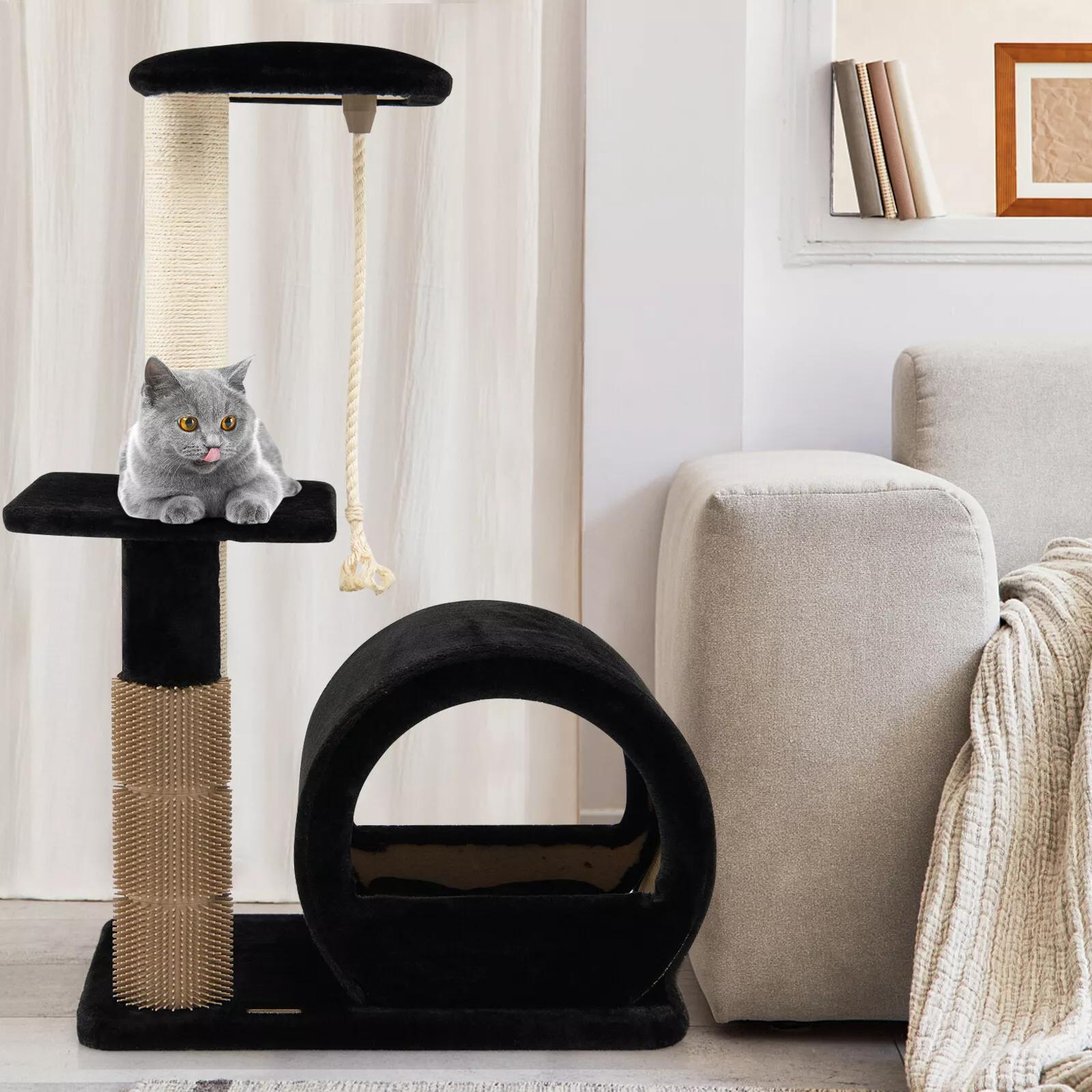 Costway Multi-Level Cat Tree Tower with Condo, Scratching Posts, Hanging Rope, and Platform, Black Fleece Activity Center for Kittens and Cats
