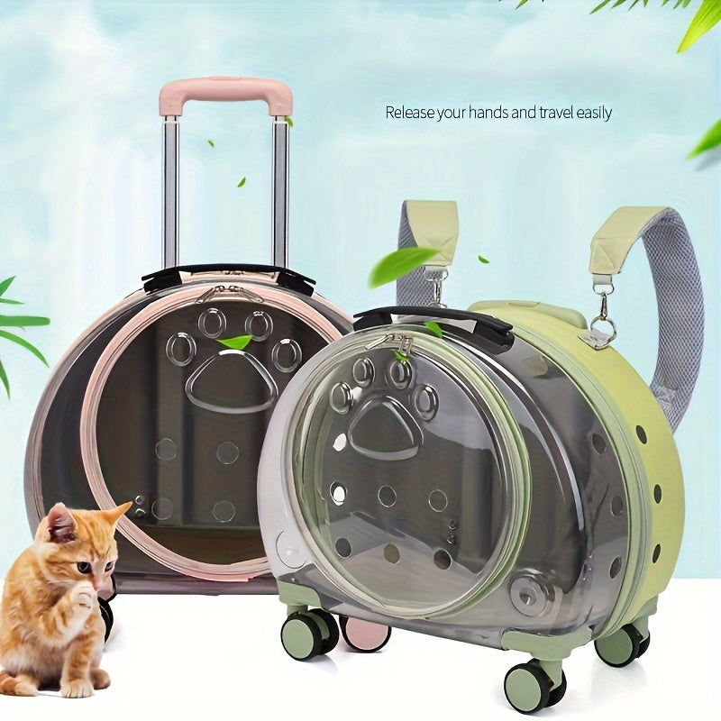 Large Capacity Transparent Pet Carrier with Wheels - Astronaut Capsule Backpack for Dogs & Cats, Portable Pull Rod Design