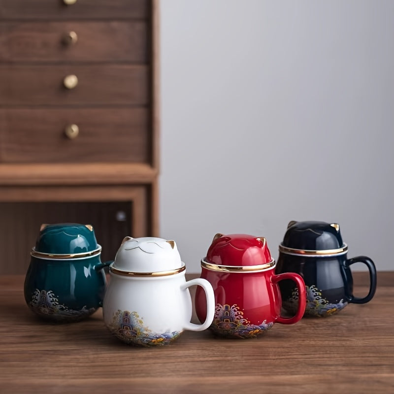1pc Whimsical Chinese Style Lucky Cat Ceramic Tea Mug - Infused with Tea Infuser and Lid, Perfect for Summer and Winter Drinks, Unique Birthday, Holiday, Christmas, and New Year Gift Idea