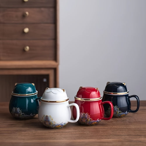 1pc Whimsical Chinese Style Lucky Cat Ceramic Tea Mug - Infused with Tea Infuser and Lid, Perfect for Summer and Winter Drinks, Unique Birthday, Holiday, Christmas, and New Year Gift Idea