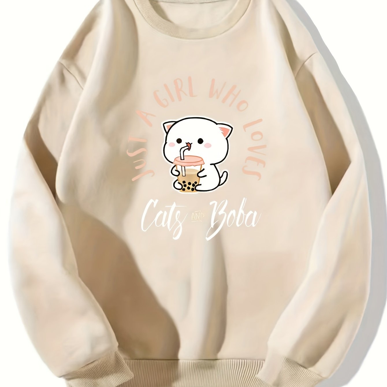 Cat Print Causal Round Neck Sports Sweatshirt, Fashion Long Sleeves Pullover Tops, Women's Activewear