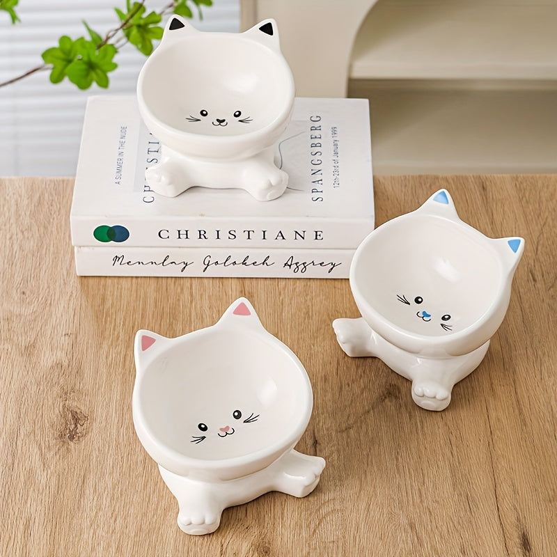 Adorable Cartoon Cat Ceramic Bowl - Elevated, Anti-Spill & Neck Supportive - Tilted Design for Healthy Feeding, Ideal Cat Water Dish