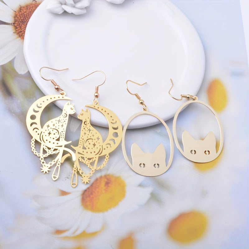 2 Pairs/Set Whimsical Black Cat Moon Hanging Pendant Earrings - Fashionable Golden Color Drop Earrings Jewelry with Lovely Animal Design - Ideal Gift Choice for Girls and Cat Lovers