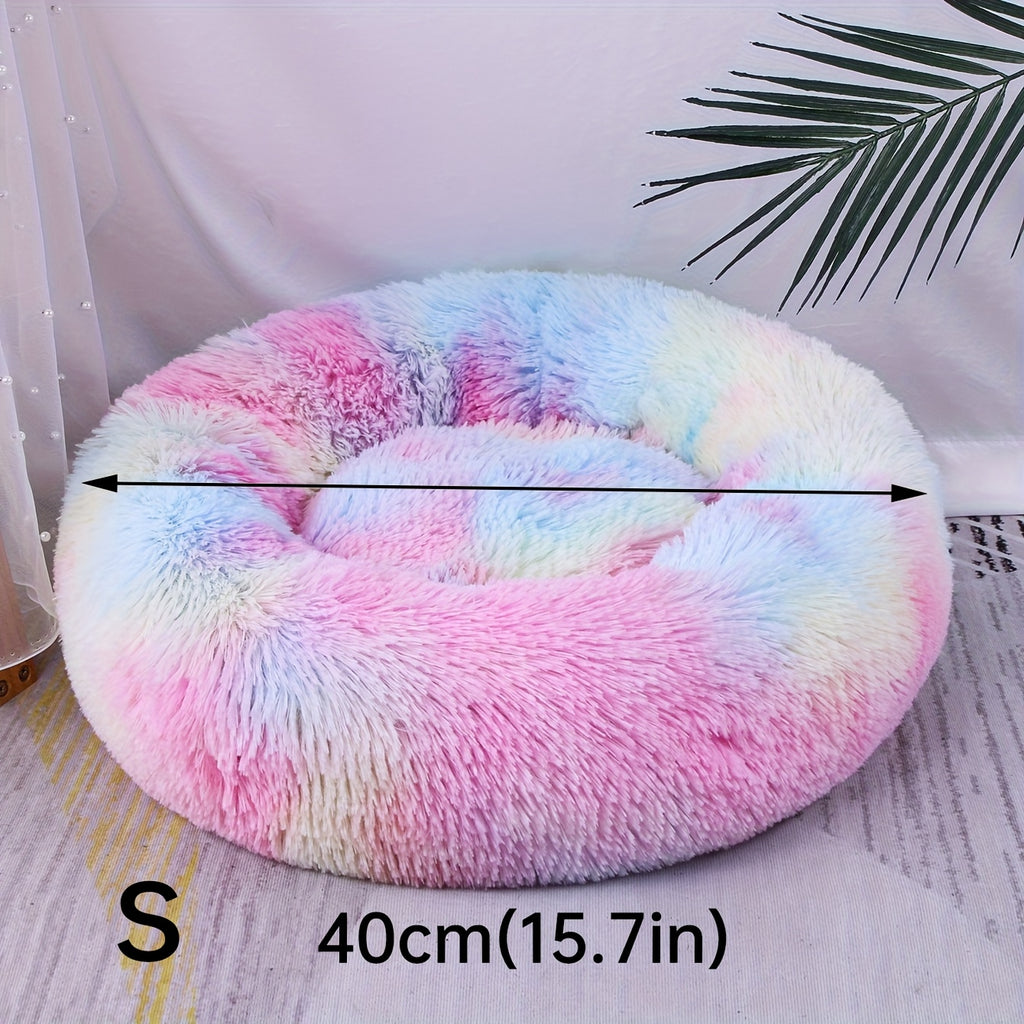 1pc Round Plush Gradient Color Calming Cat Bed, Machine Washable, Four Seasons Warm Comfortable Soft Nest, Suitable for Small and Medium Dogs and Cats, Pet Bed