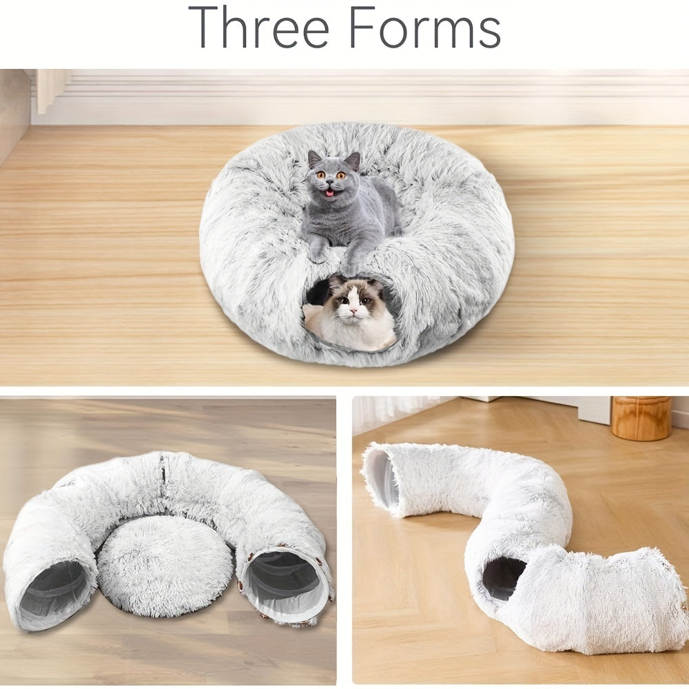 Plush 2in1 Cat Tunnel Bed | Winter Warm Donut-Style Cozy Nest with Enclosed Hideaway, Peekaboo Hole & Hanging Pom Pom Toy, Extra Thick Soft Pet Bed for Anxiety Relief and Deep Sleep, Non Slip Bottom, Perfect for Multi Cat Pla