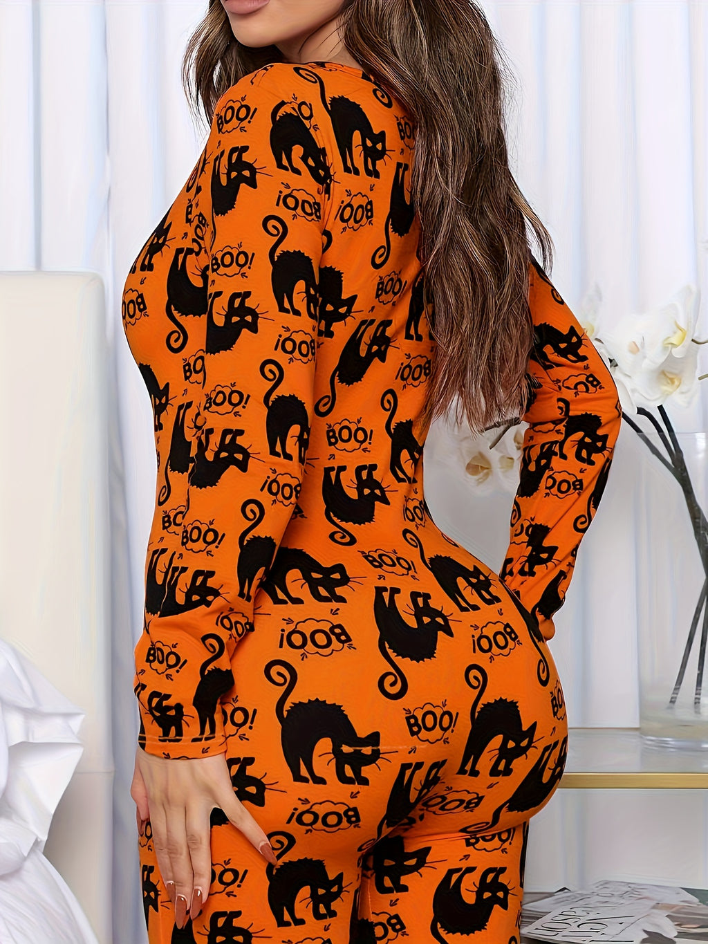 Whimsical Halloween Cat Print Unitard - Soft Mid-Elasticity Polyester Jumpsuit with V-Neck, Long Sleeves, and Casual Style - Perfect for Spring and Fall Seasons