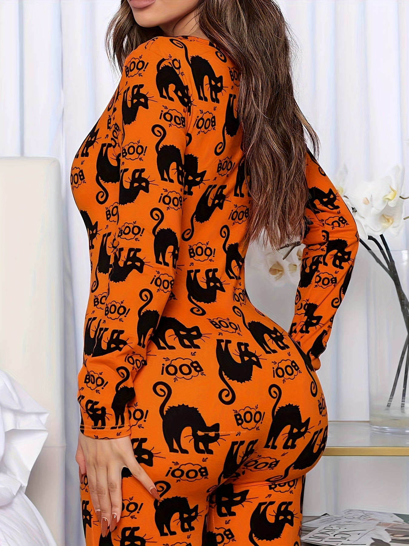 Whimsical Halloween Cat Print Unitard - Soft Mid-Elasticity Polyester Jumpsuit with V-Neck, Long Sleeves, and Casual Style - Perfect for Spring and Fall Seasons