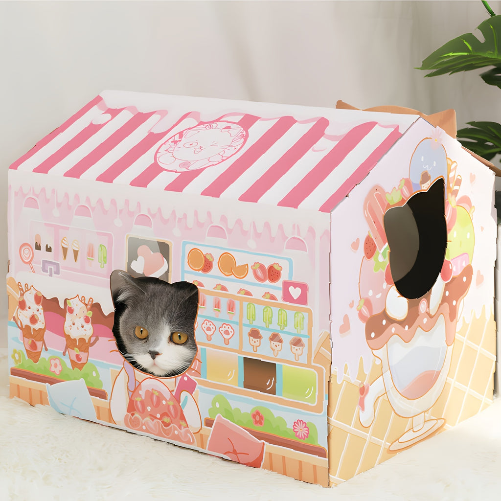 Cardboard Cat House with Scratcher, Cat Beds for Indoor Cats, Cat Play House, Large Cat Furniture Condo Cave Tent, Cat Scratch Toy for Cat, Bunny Small Animals