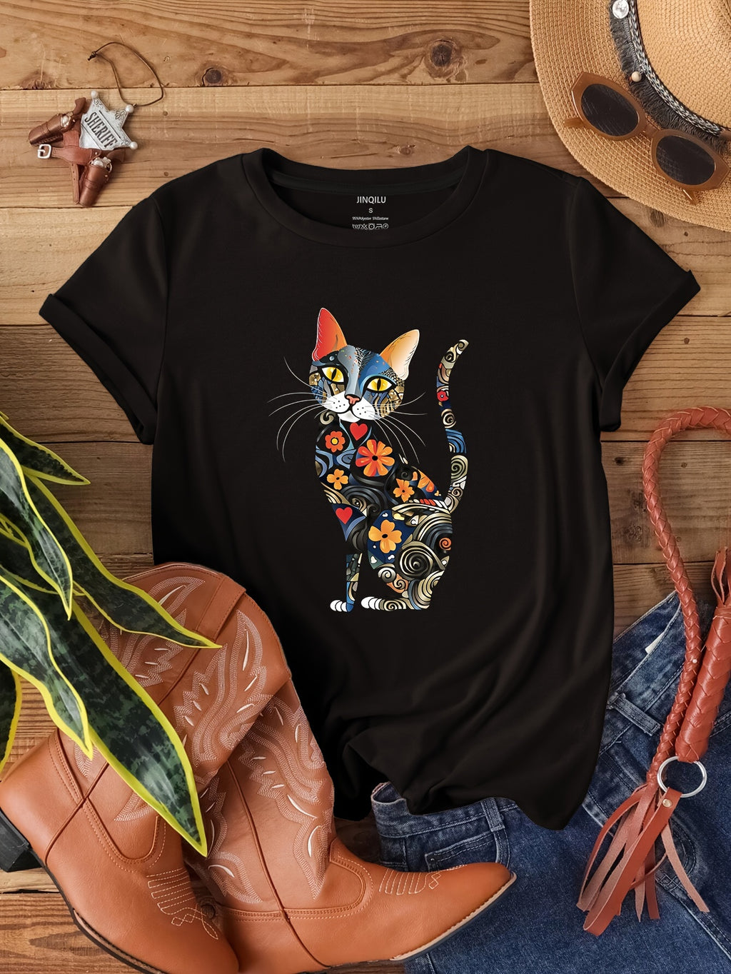 Short Sleeve Cat Print Crew Neck T-Shirt for Women, Casual Spring & Summer Clothing